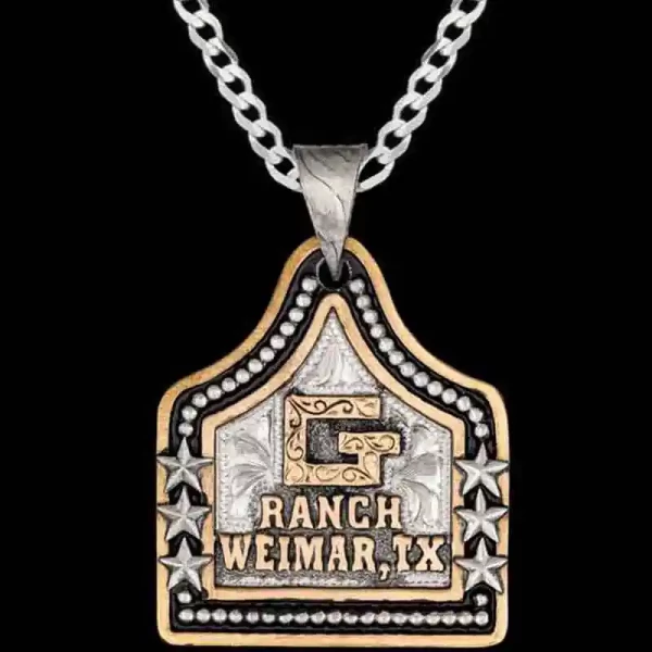 Meet  the Speckles Cow Tag Necklace, an stunning piece framed by a delightful bead edge and stars, adorned with your Jeweler's Bronze Ranch Logo and lettering. Pair it with a special discount sterling silver chain! 